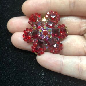 Red rhinestone flower brooch